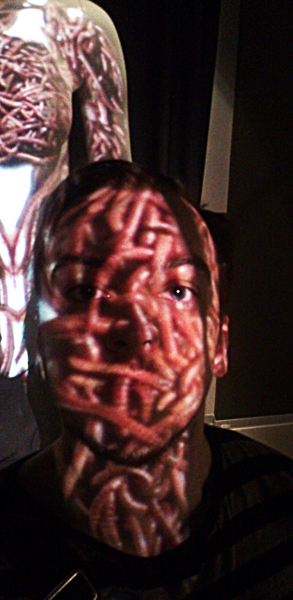 Projection of wormes on my face at an exhibition