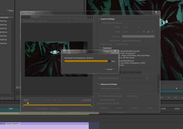 screen shot of premiere with final render of short animation It